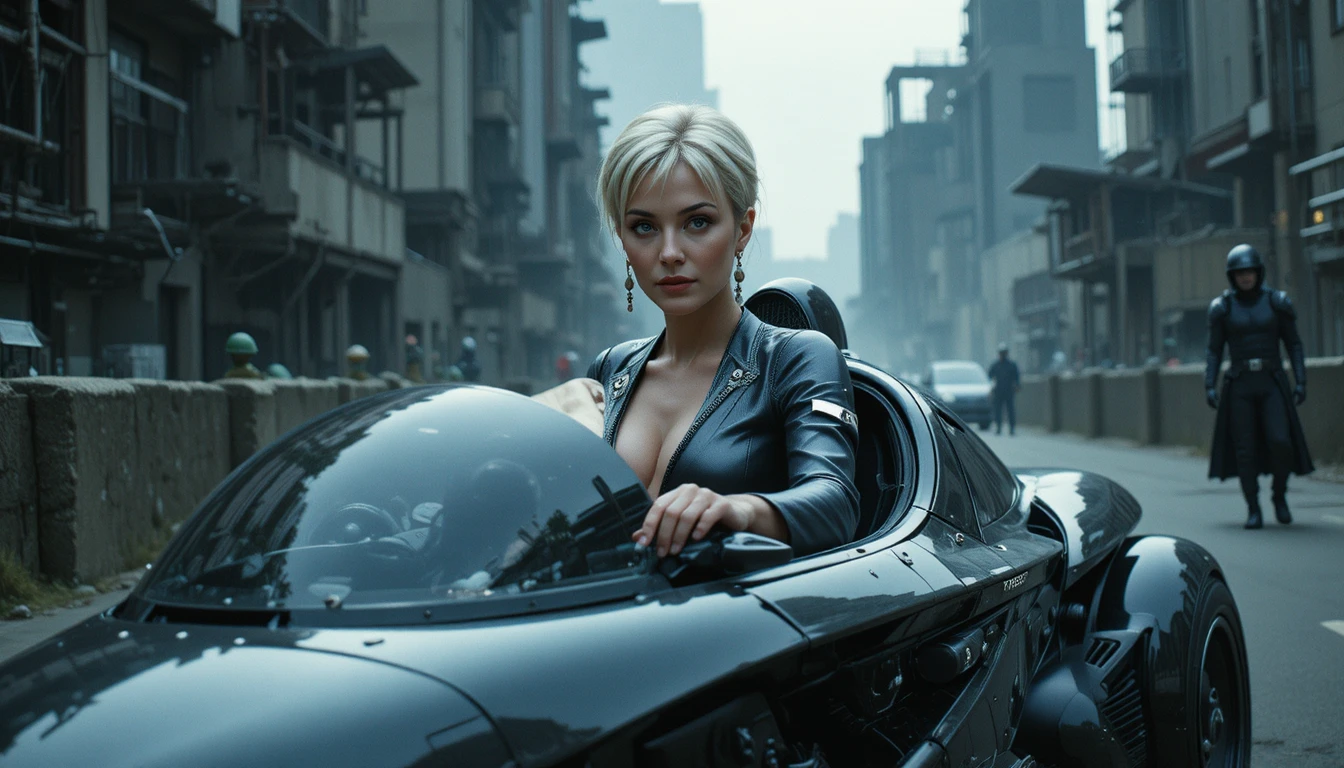 Mulher de cabelos prateados, calma, pilotando uma motocicleta voadora futurista