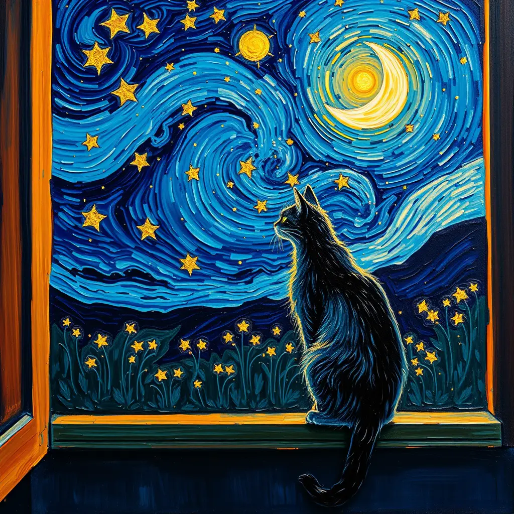 Postimpressionistische Katze auf einem mondbeschienenen Fensterbrett in der Nacht