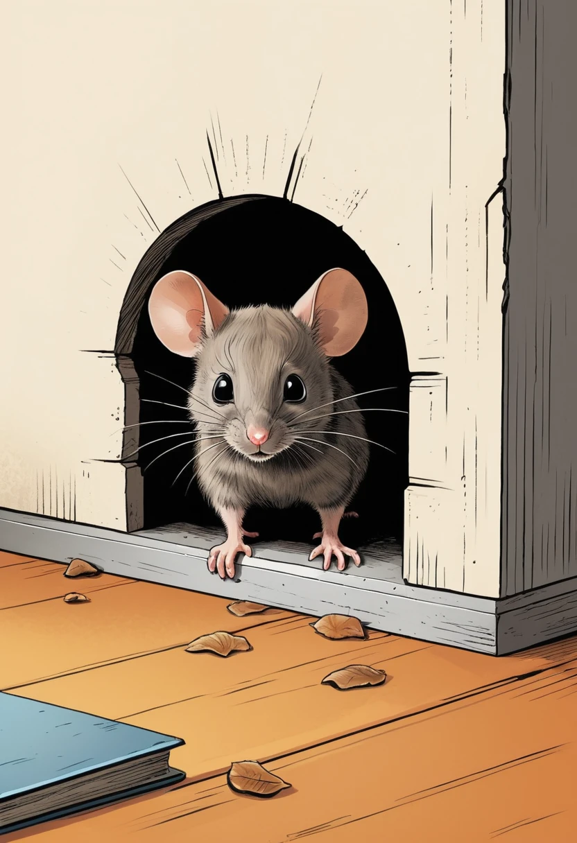 Süße Maus lugt aus Wandloch, während Comic-Katze auf der Lauer liegt