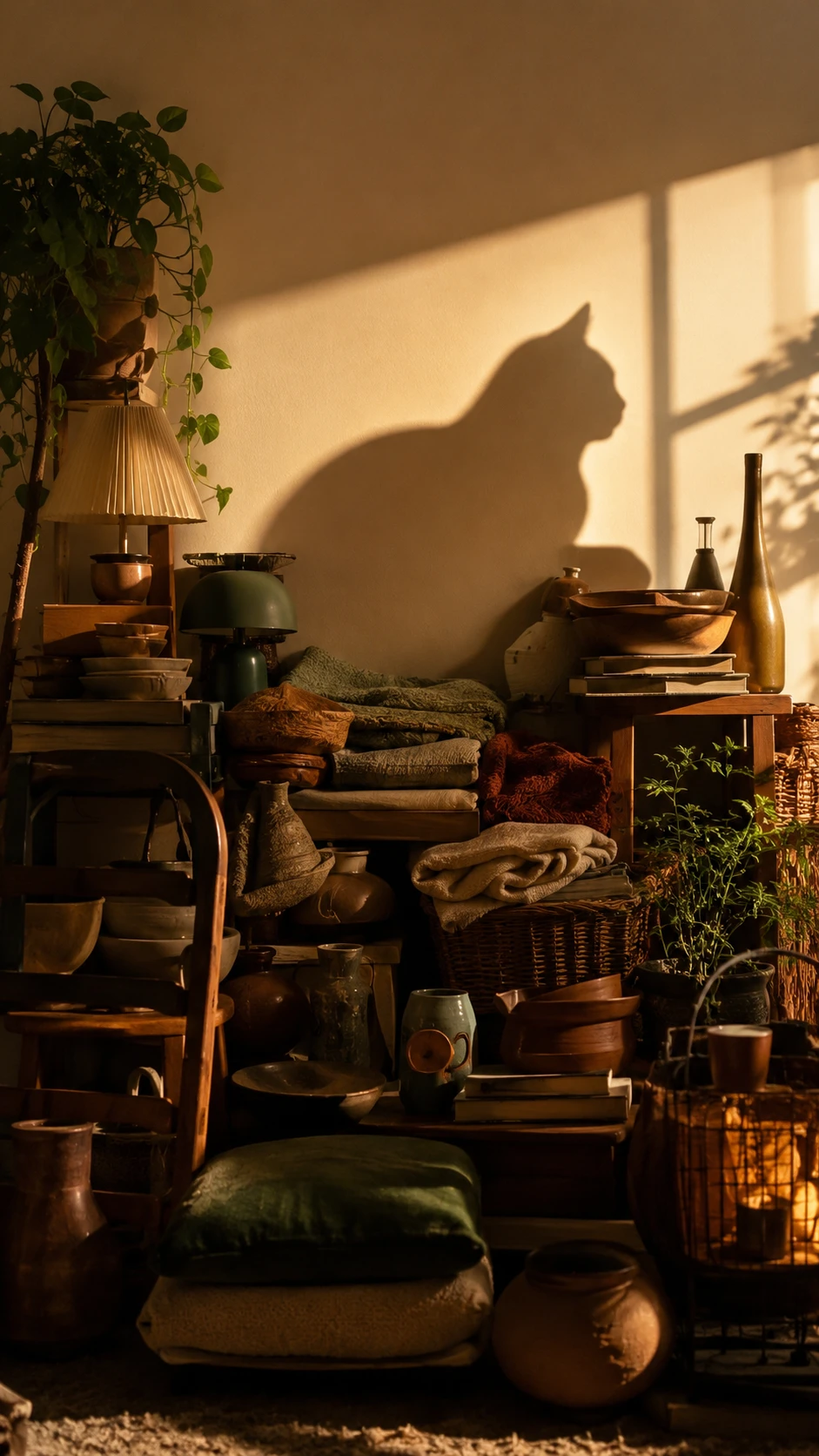 Surreales Stillleben aus Haushaltsgegenständen in Form einer Katzensilhouette
