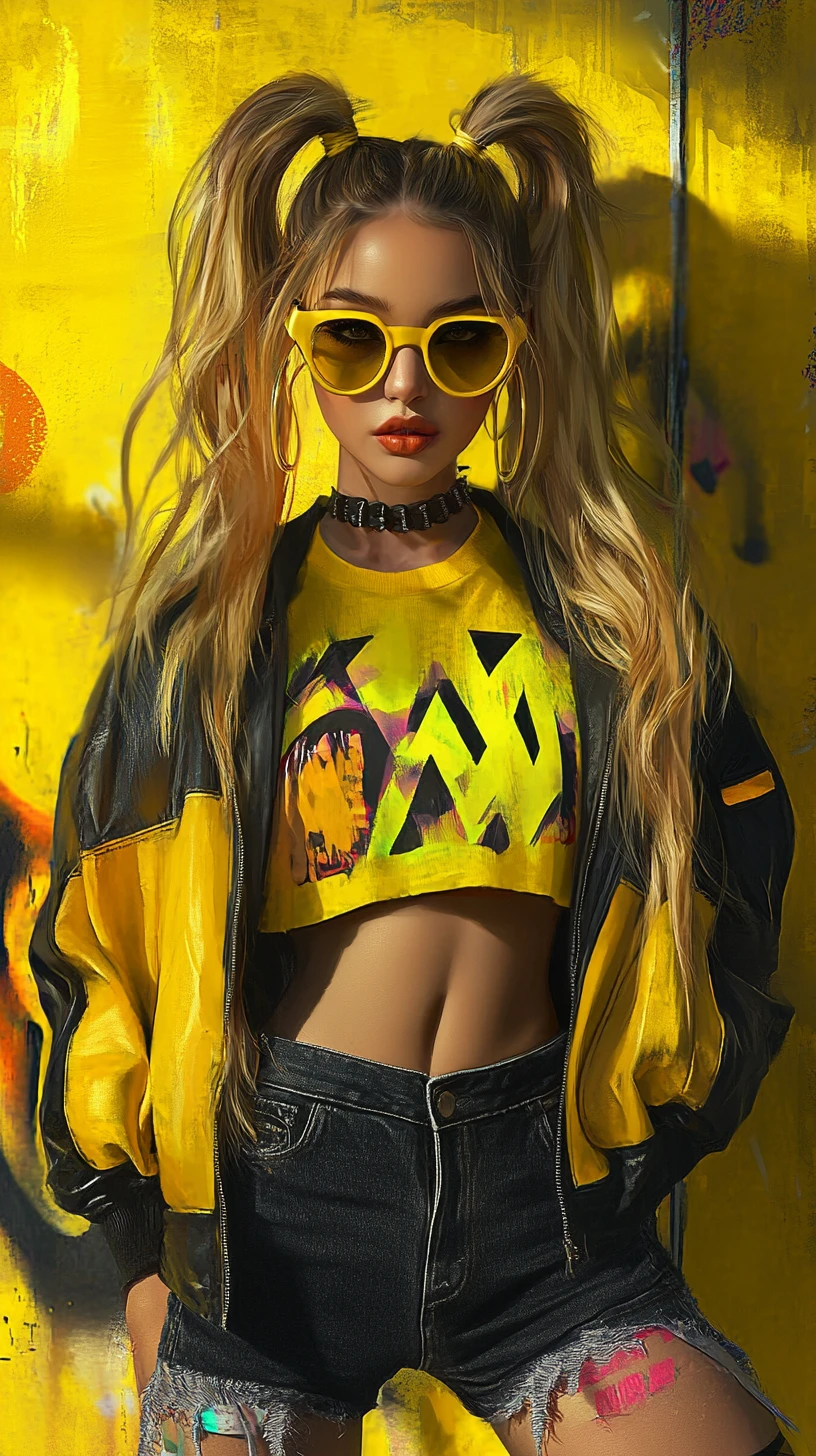 Stilvolle Frau in Neon-Graffiti-Mode vor gelber Wand