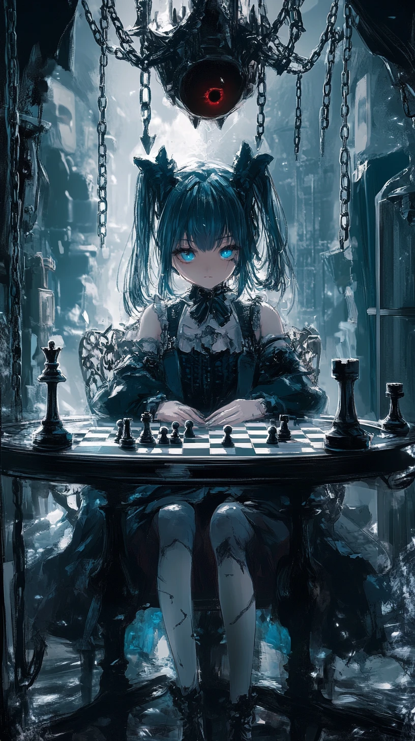 Ragazza anime che gioca a scacchi con il proprio riflesso nello specchio
