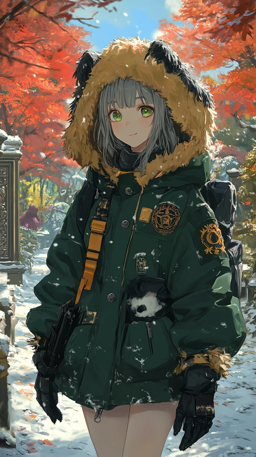Ragazza anime in abito invernale che cammina in un villaggio innevato