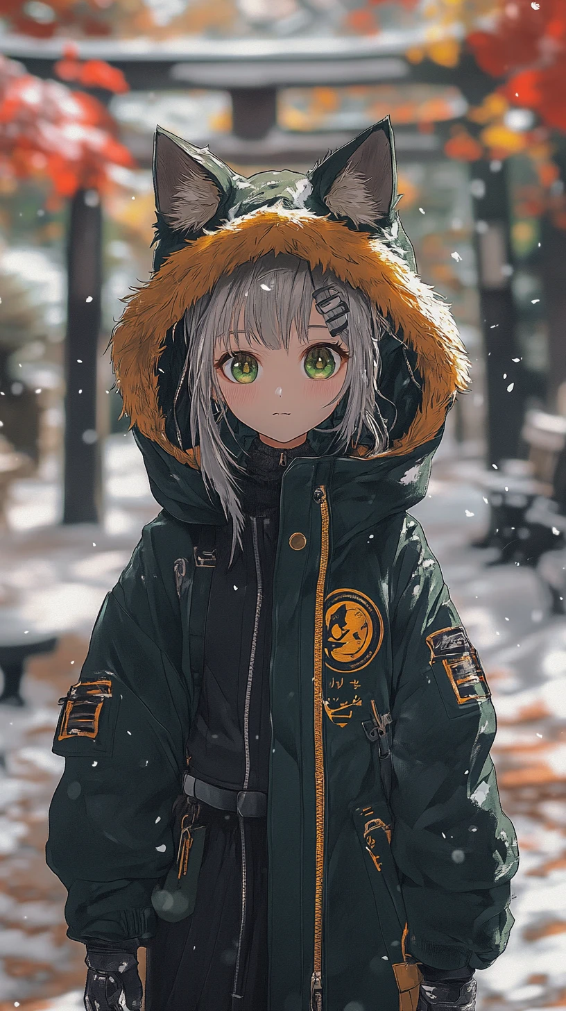 冬裝動漫女孩走在白雪村莊中