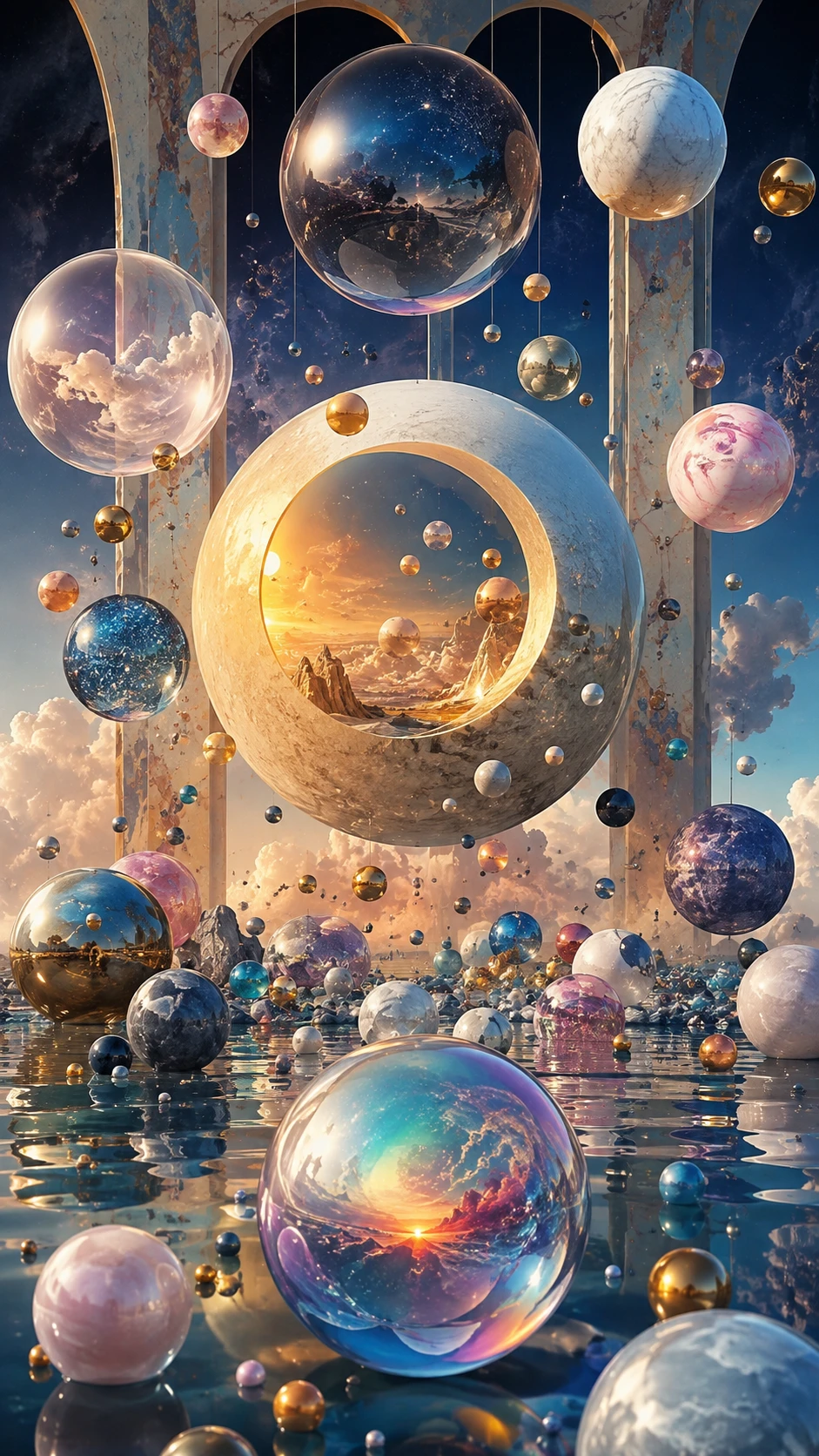 Esferas surreais coloridas flutuando em espaço abstrato