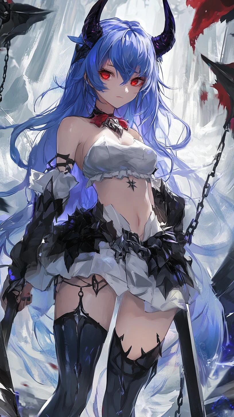 Garota guerreira de anime com braço de cristal diante de muro de cristal em ruínas
