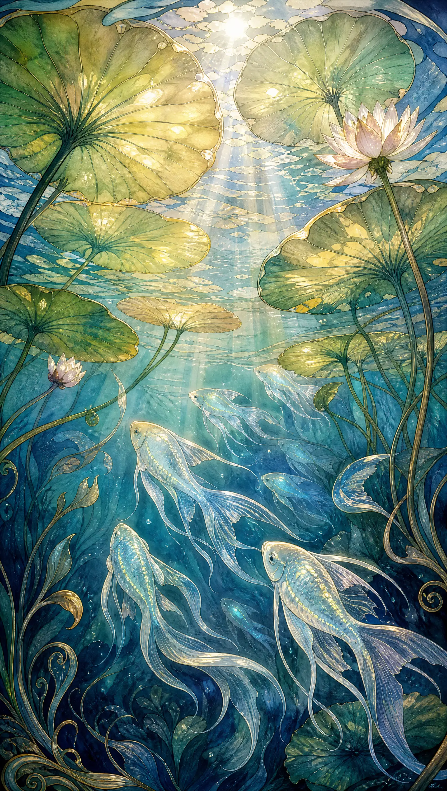 水下視角：發光魚群與巨型睡蓮葉