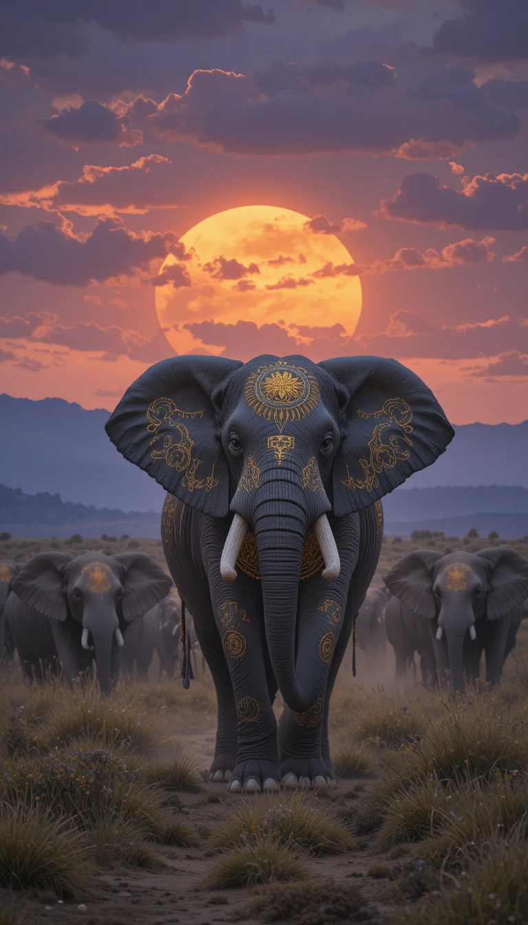 Matriarca elefante idosa liderando sua manada pela savana