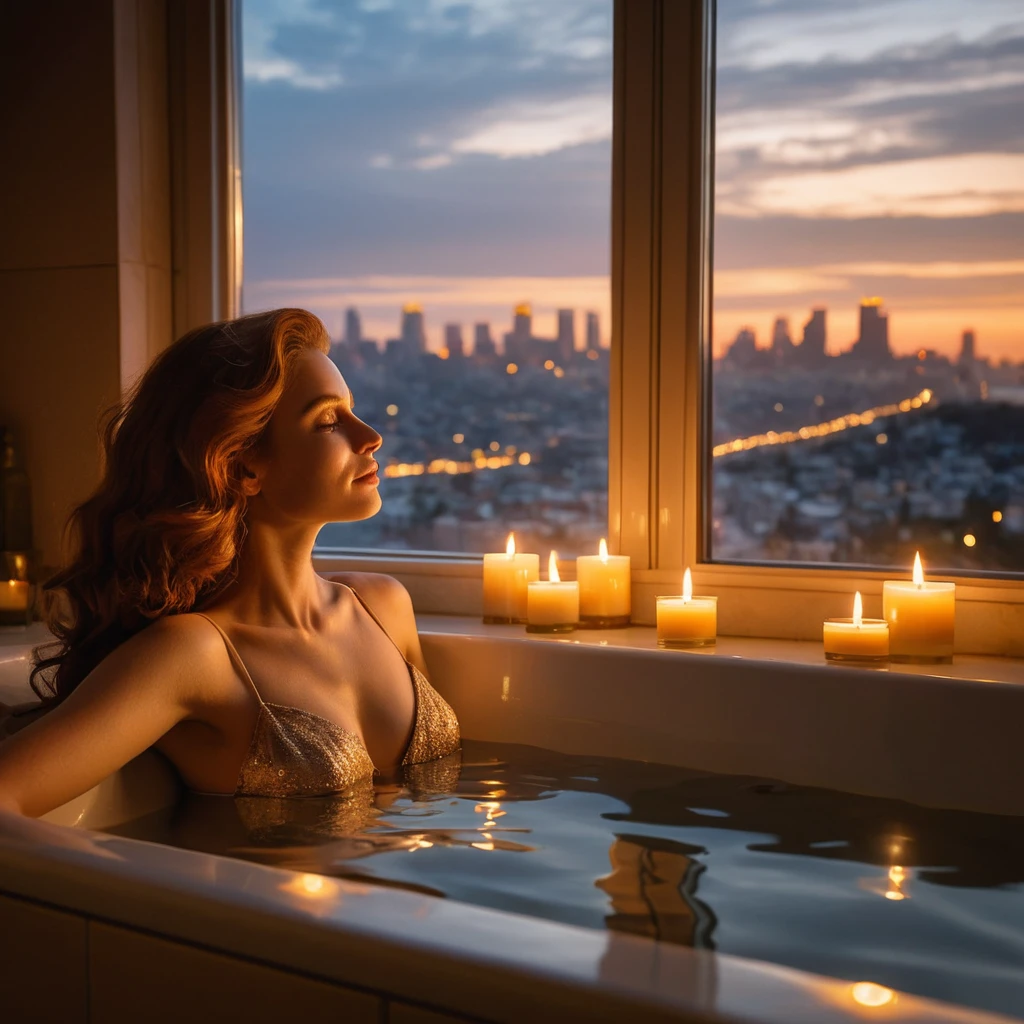 Rothaarige Frau entspannt im kerzenbeleuchteten Jacuzzi