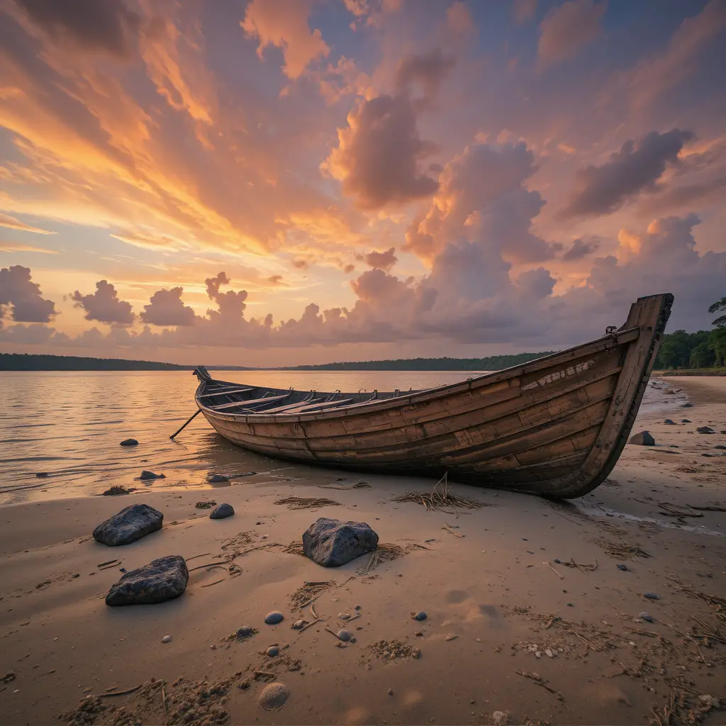 Verlassenes Holzboot am Orinoco bei Sonnenuntergang