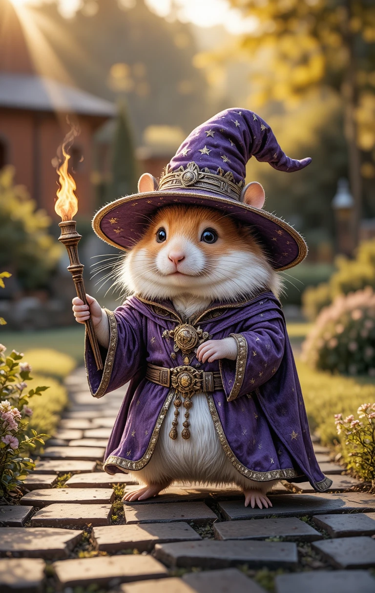 Adorable hamster sorcier sur un chemin de jardin pavé