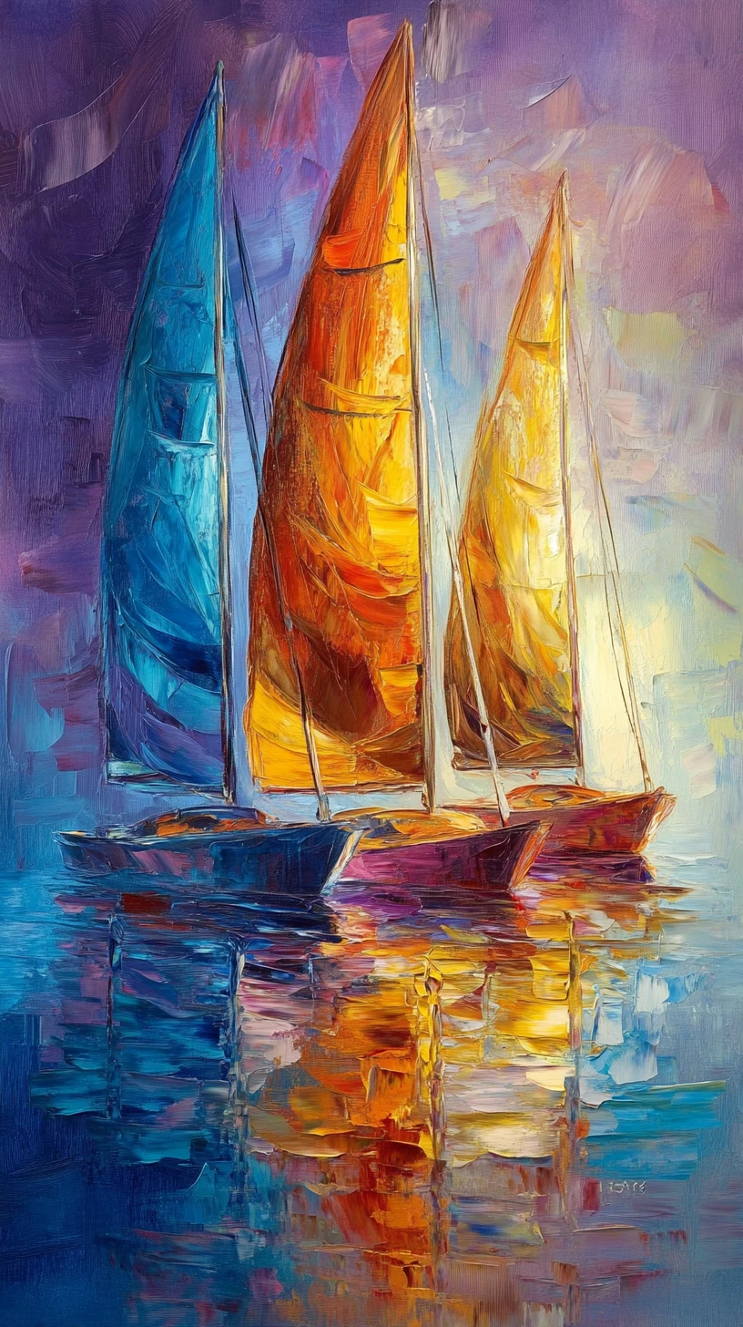 Veleiros impressionistas com reflexos coloridos na água