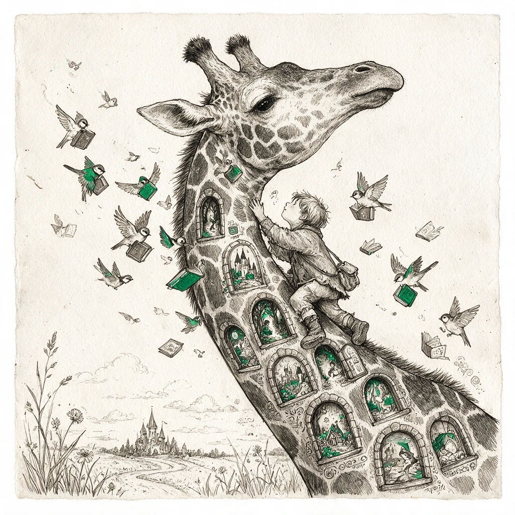 Criança escalando uma girafa imponente em ilustração lúdica a tinta