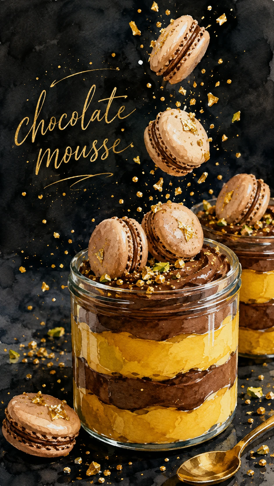 Potes de sobremesa em camadas de chocolate e baunilha com macarons