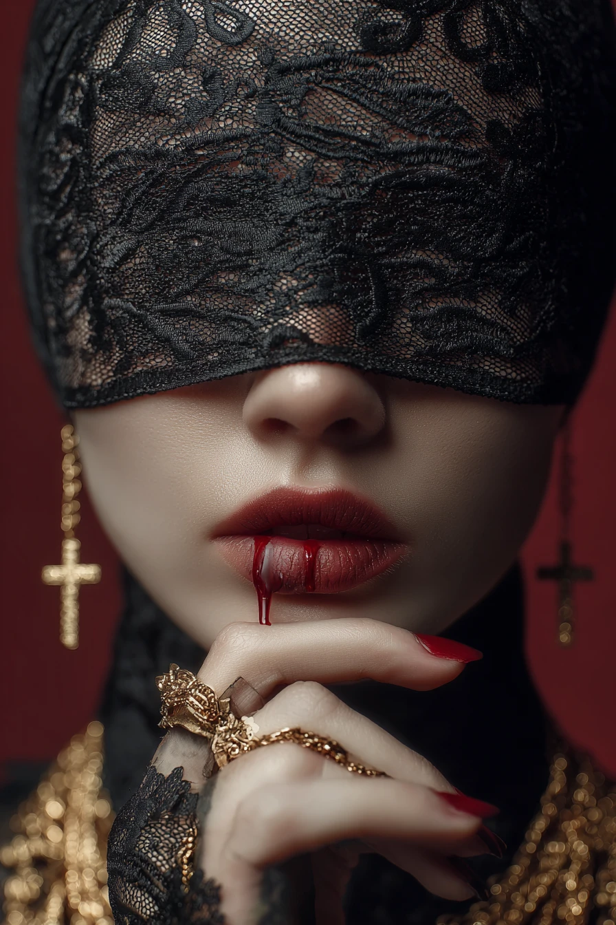 Retrato de moda surreal de mulher velada com venda de mariposa