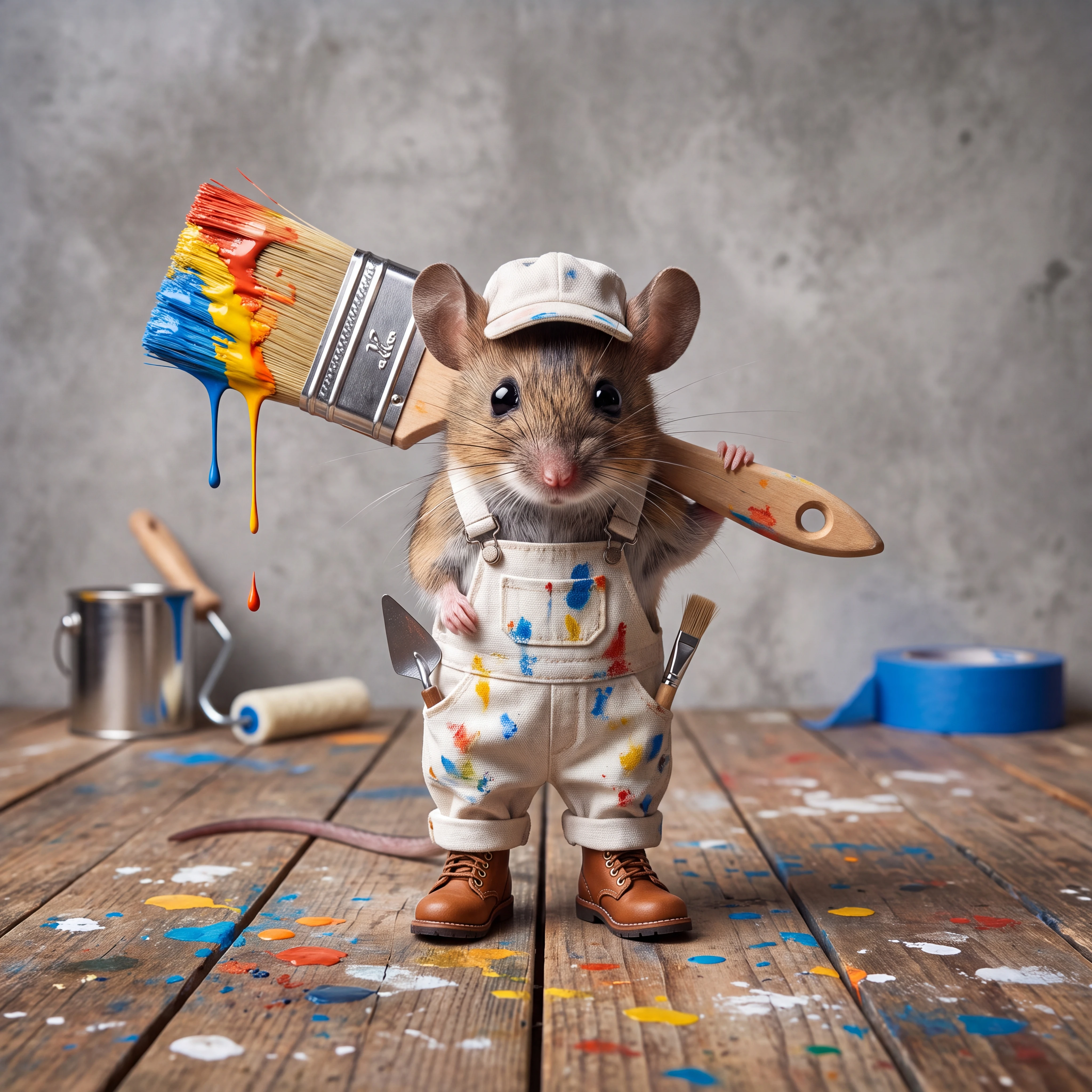 Ratinho pintor fofo com pincel escorrendo arco-íris