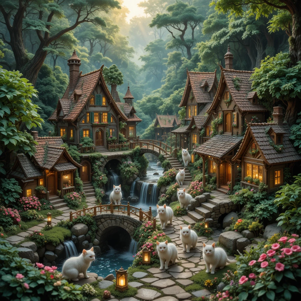Village forestier miniature avec chats et lanternes lumineuses