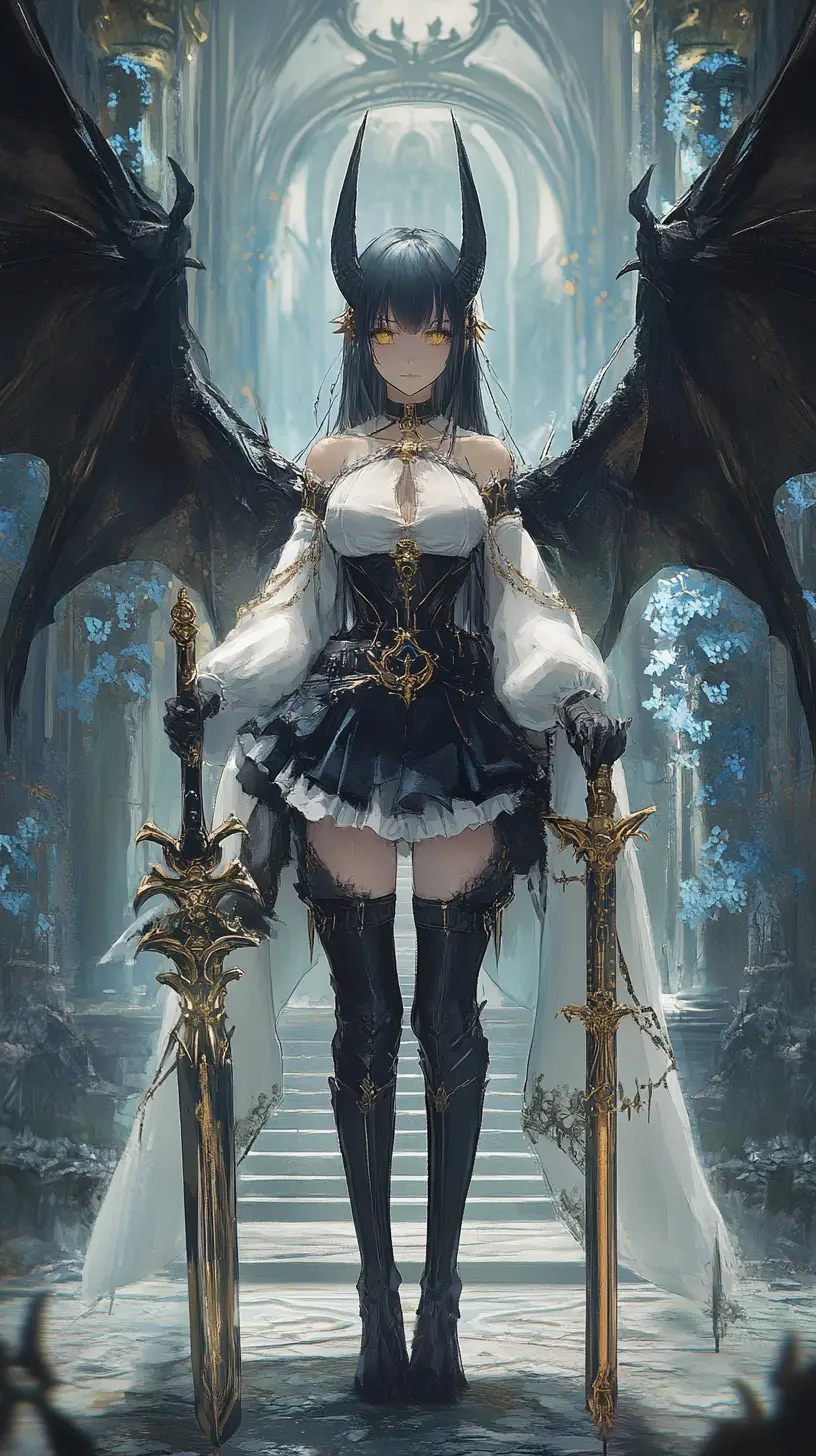 Anime-Mädchen mit dämonischem Horn in kunstvoller Drachenjacke