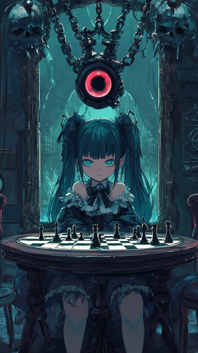 Garota de anime jogando xadrez com seu reflexo no espelho