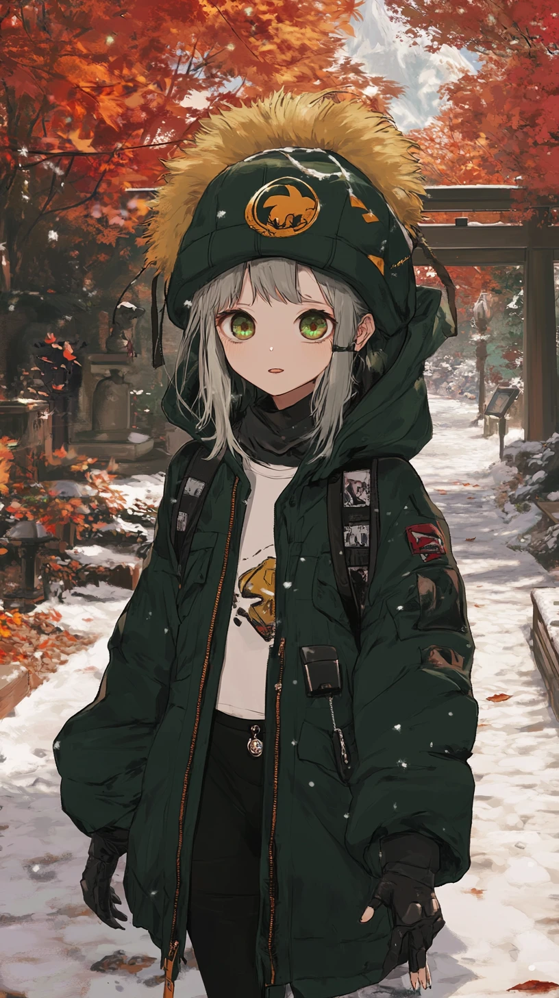 穿著冬裝走在雪村中的動畫少女