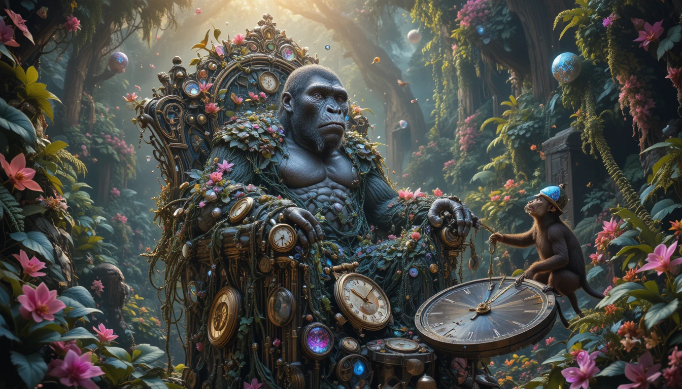 Uralter Gorilla auf einem kristallinen Thron im surrealen Dschungel