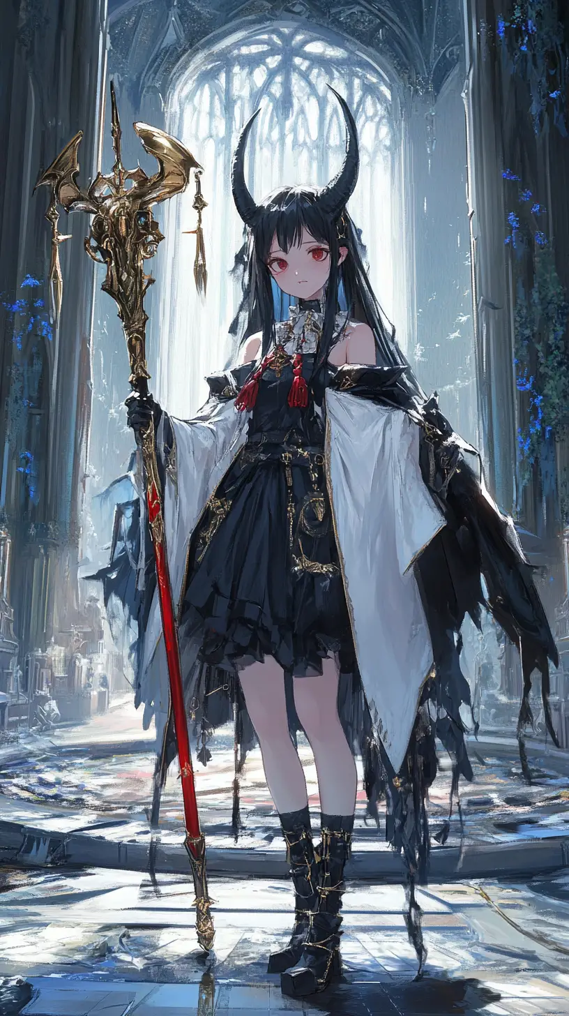 Anime-Mädchen mit dämonischem Horn in prunkvollem Thronsaal