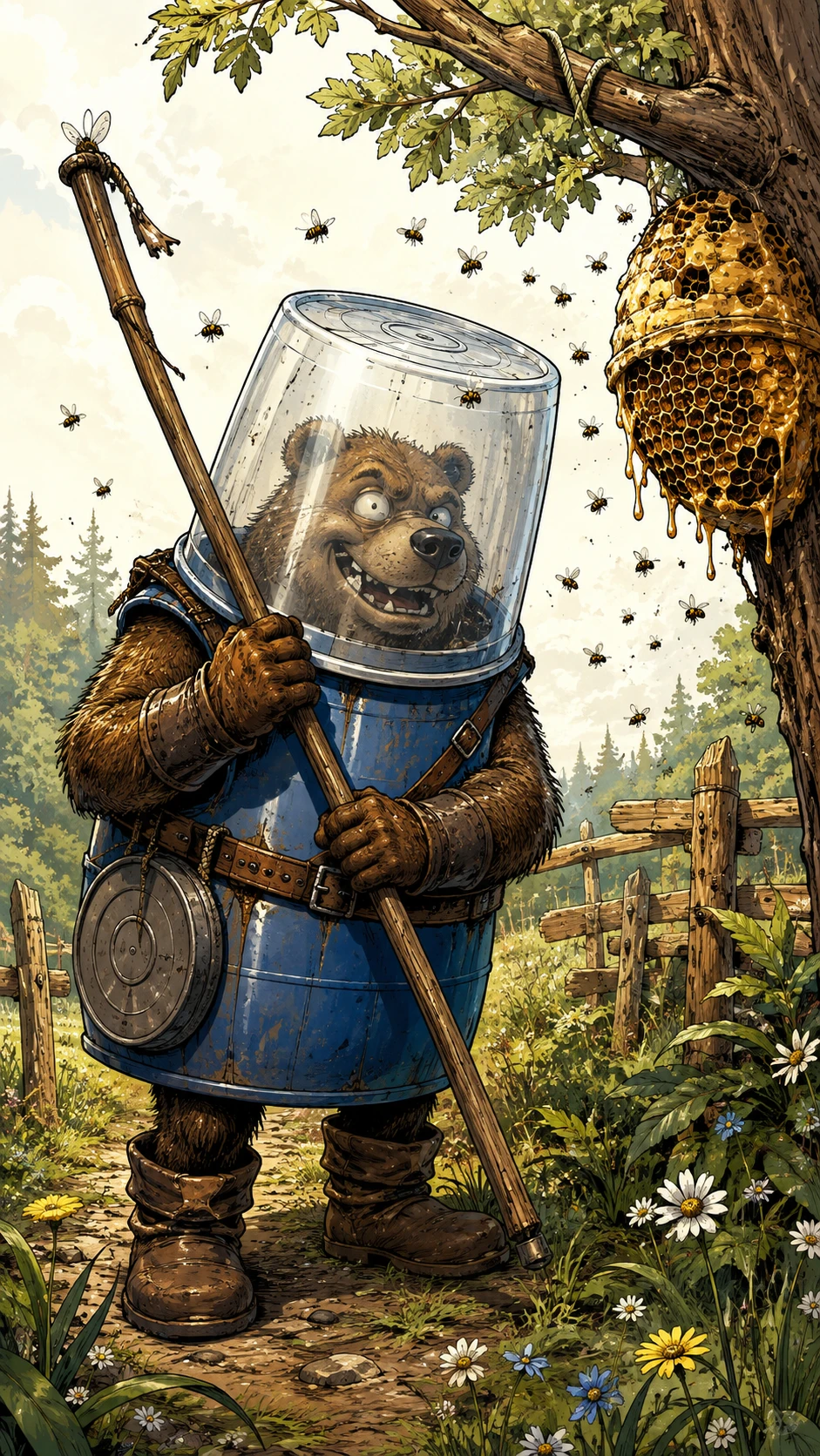 Ours de dessin animé en armure de tonneau avec la tête dans un seau en plastique