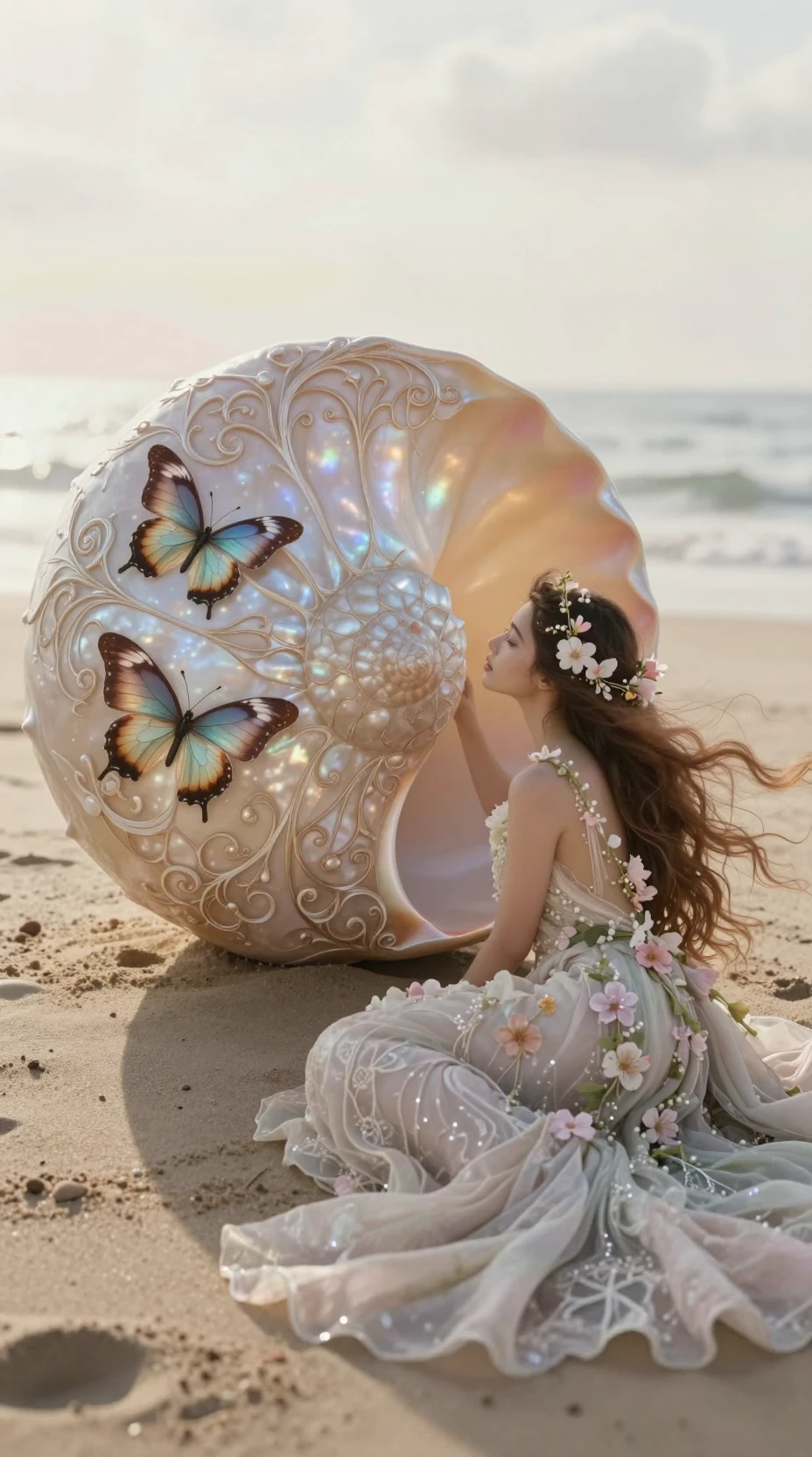 Donna su una spiaggia sabbiosa che osserva una conchiglia di nautilus intagliata