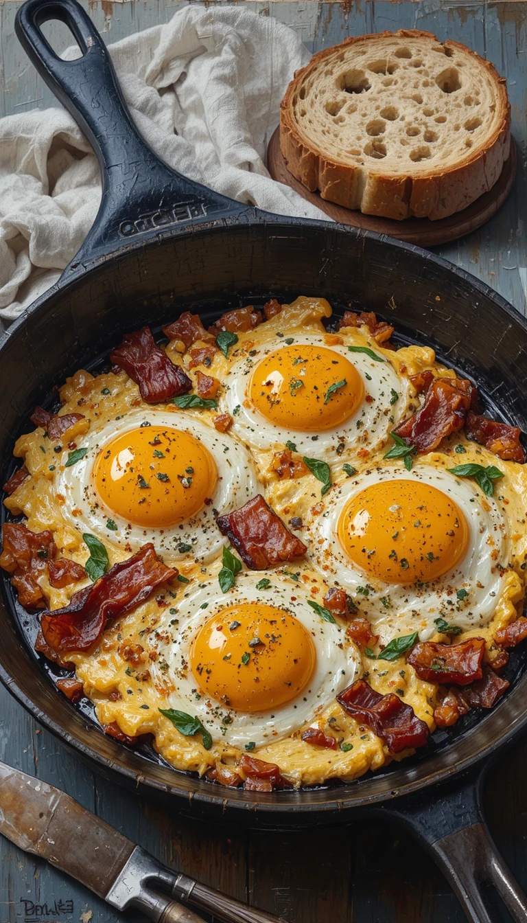 Nahaufnahme eines Ölgemäldes mit Rührei und Speck in der Pfanne