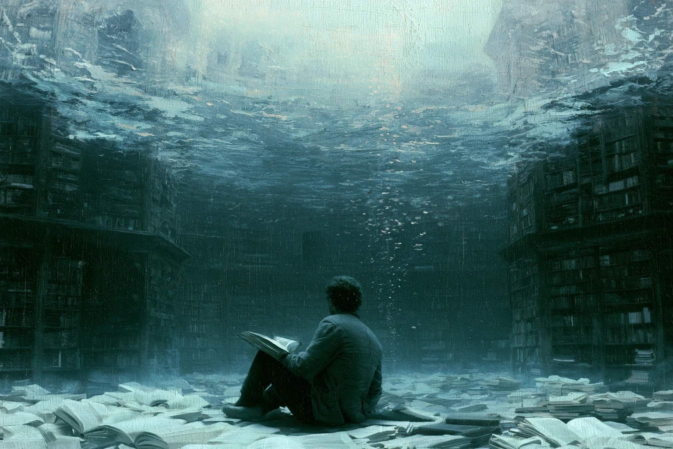 Visione fantasy surreale della leggendaria biblioteca sommersa di Atlantide