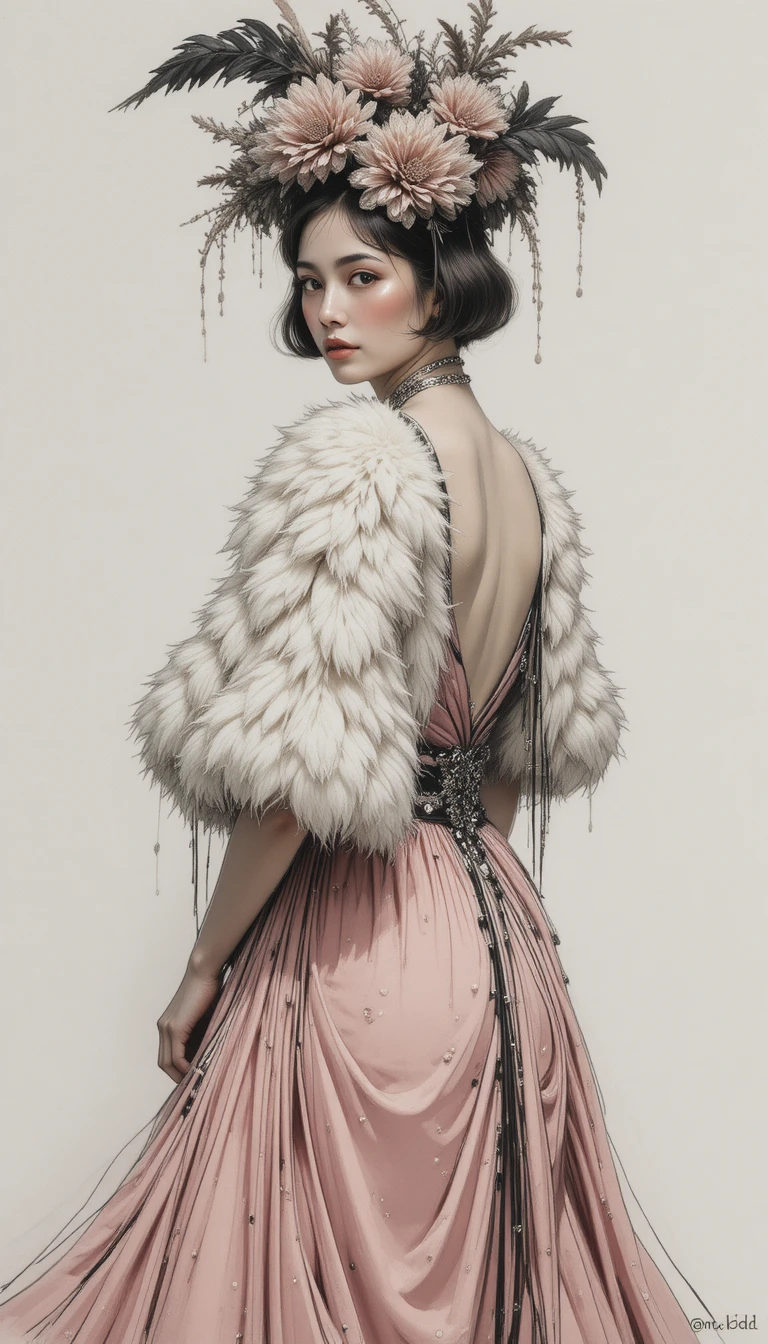 Retrato de mujer vintage con tocado de plumas y capa de piel