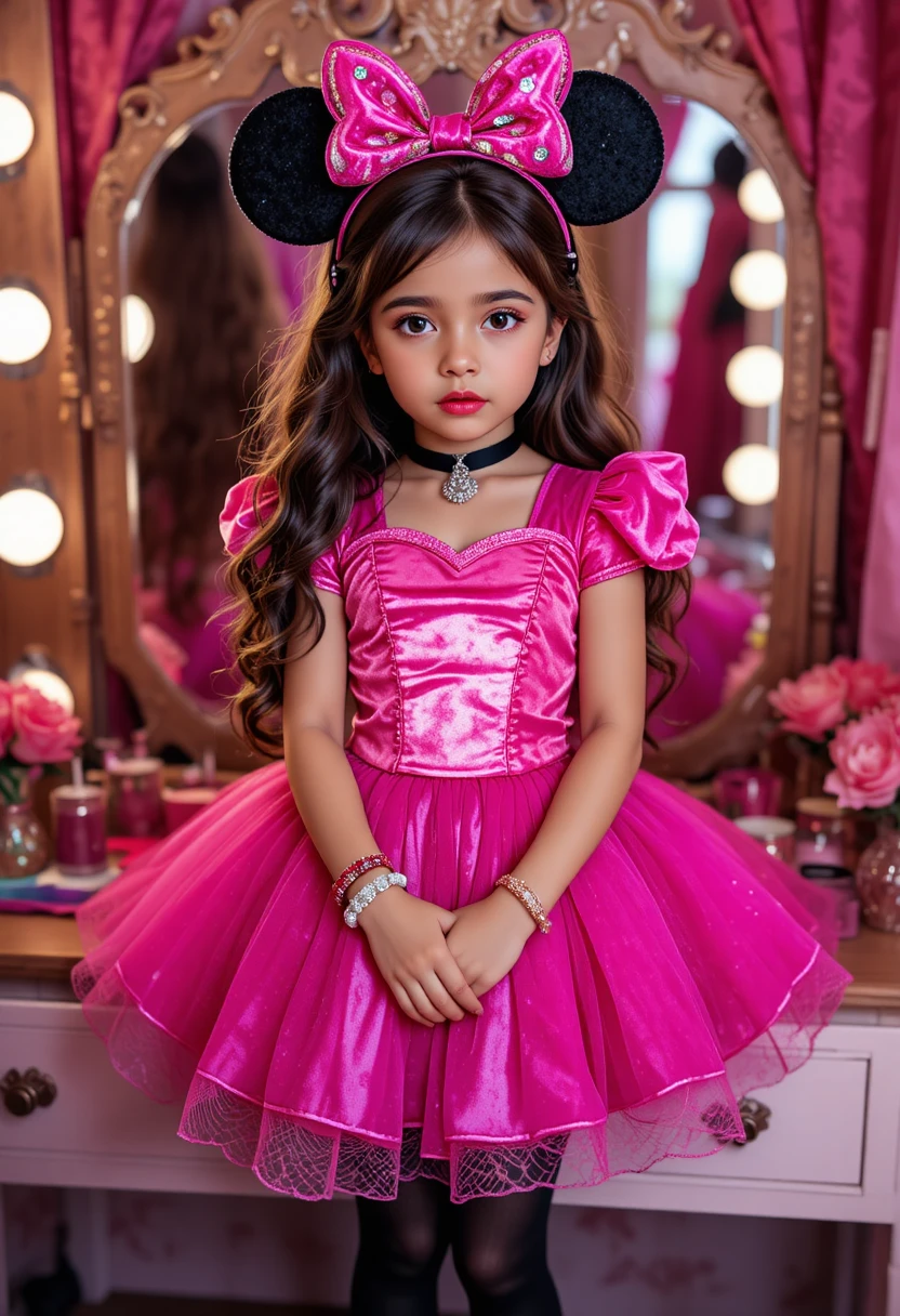Menino pré-adolescente com fantasia de princesa diante de uma penteadeira