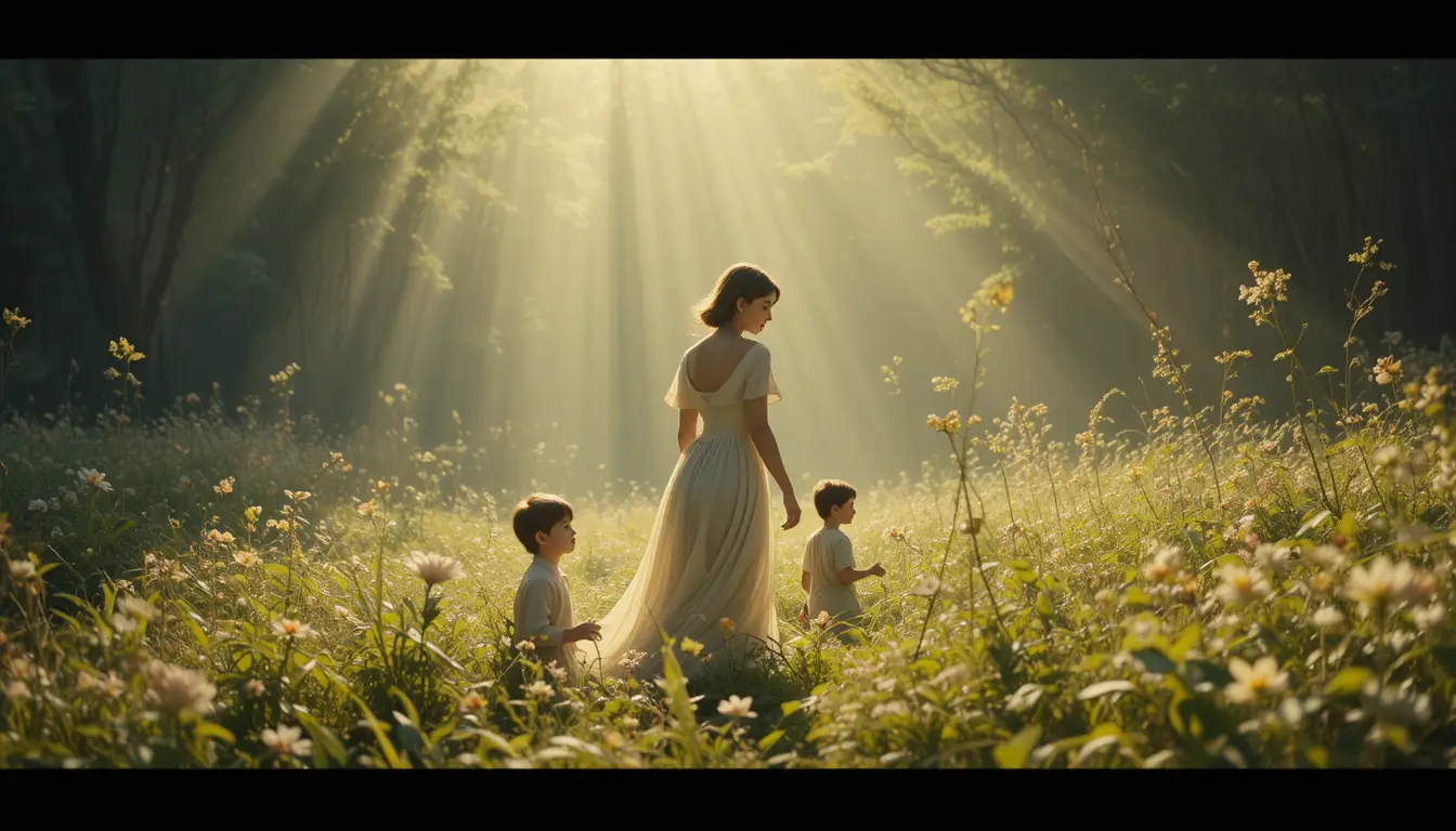 Family relaxing in a dreamy grassy field at golden hour