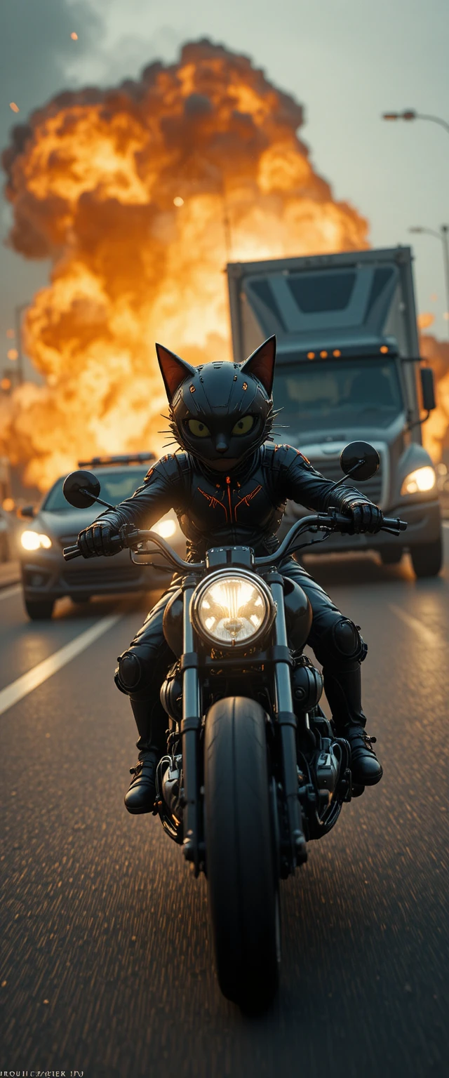 Gato preto futurista em uma moto perseguindo carros na rodovia
