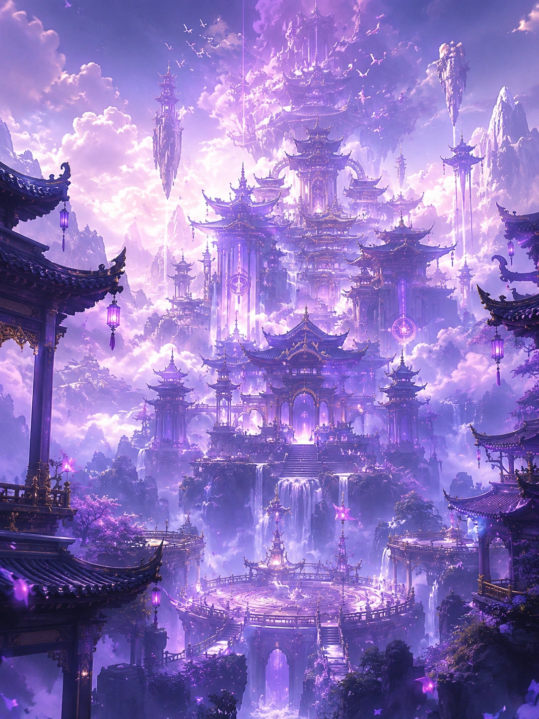 Templo chinês celestial flutuando sobre montanhas roxas enevoadas
