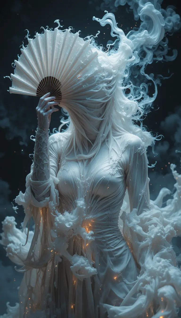 Femme fantomatique à la lame de feu dans une fumée sombre tourbillonnante