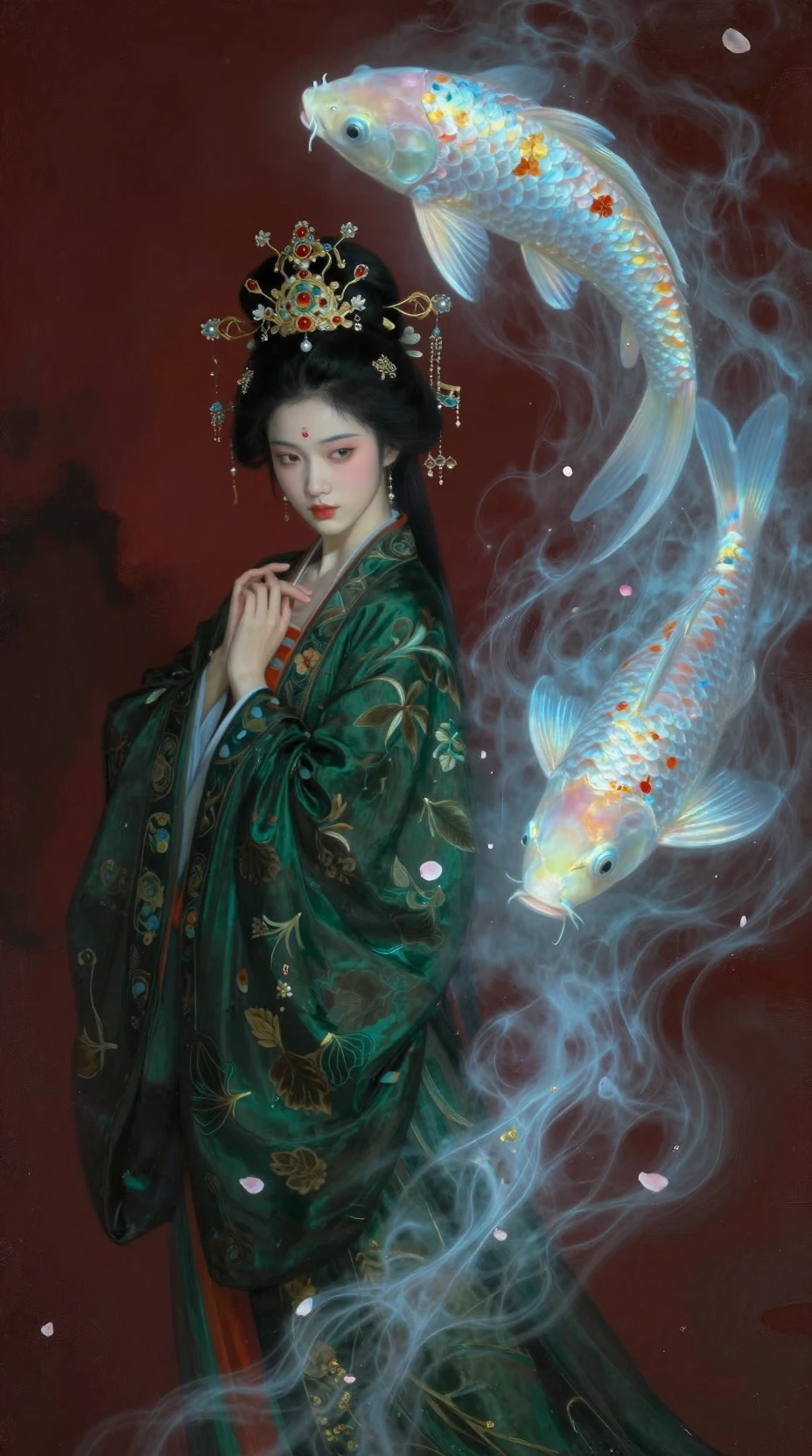 Retrato de deusa chinesa com carpas flutuantes e cocar ornamentado