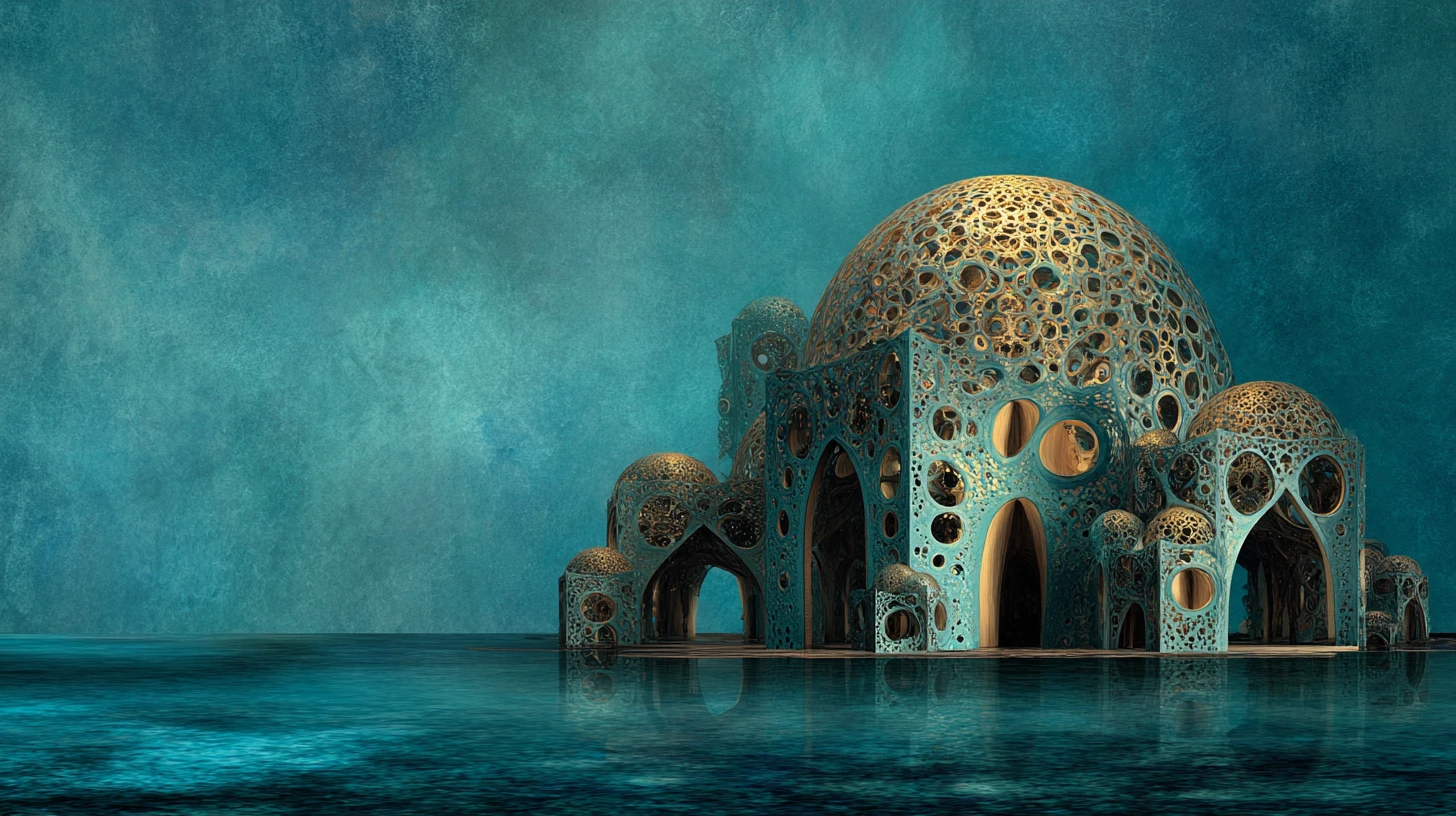 Surreale Fantasy-Bibliothek mit filigraner Alien-Architektur