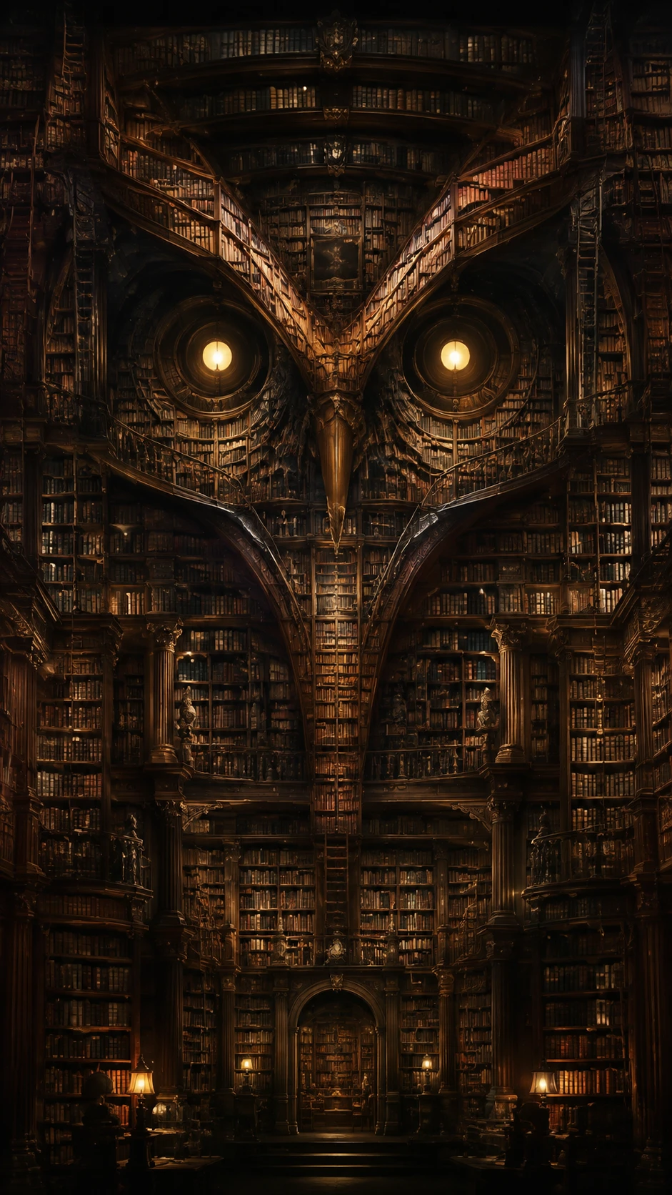 Grande biblioteca antiga formando um sutil interior em forma de coruja