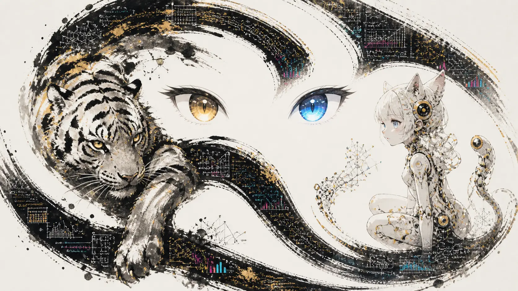 Sumi e tiger and futuristic feline child in paradox illustration