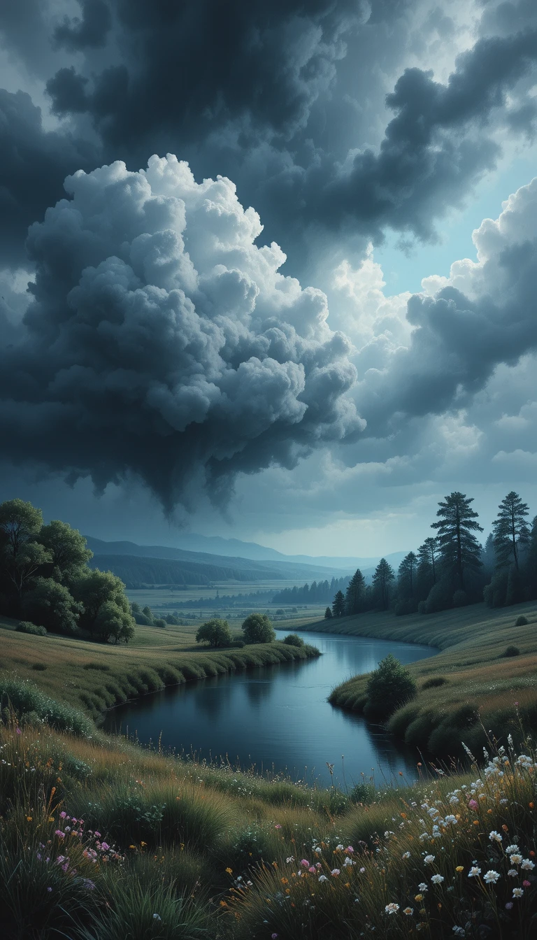 Paisagem sombria de rio sob nuvens escuras de tempestade