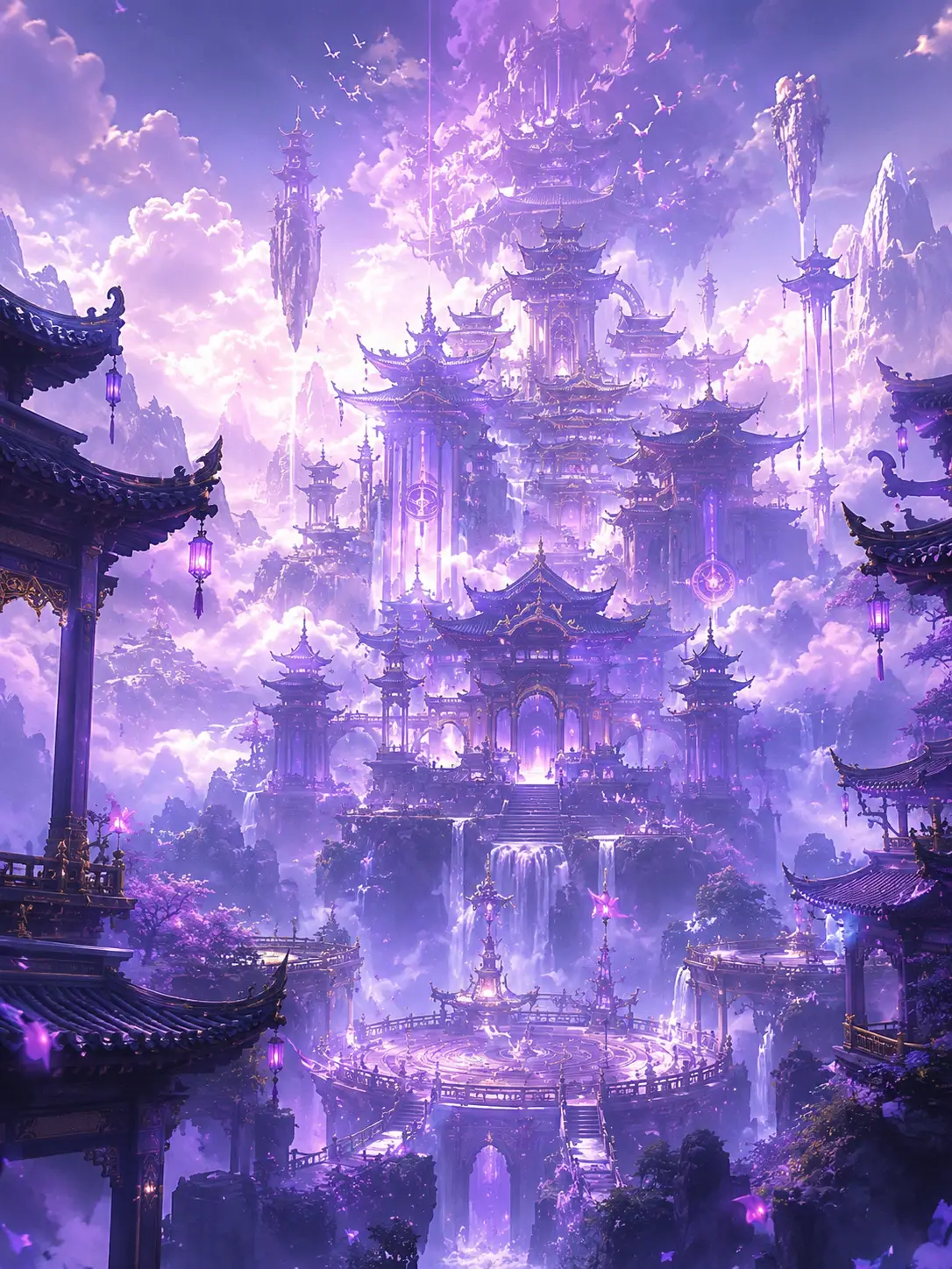 Himmlischer chinesischer Tempel über nebligen violetten Bergen