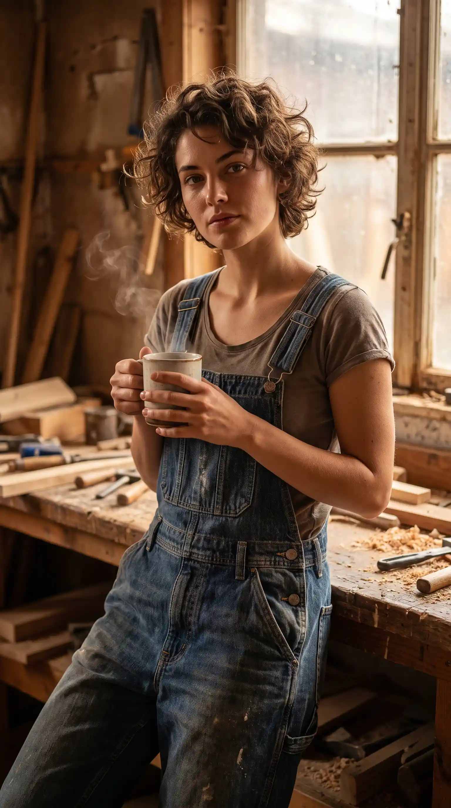 Young woman on a coffee break in a cozy wood workshop