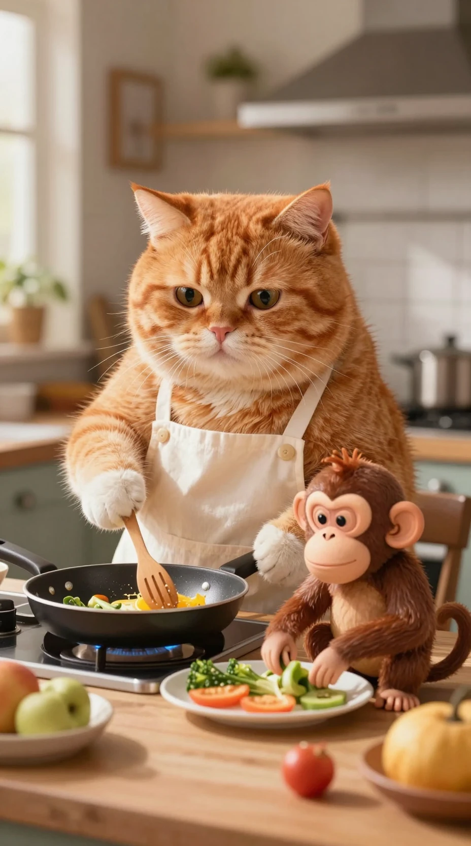 Gato laranja e macaco cozinhando juntos em cozinha aconchegante