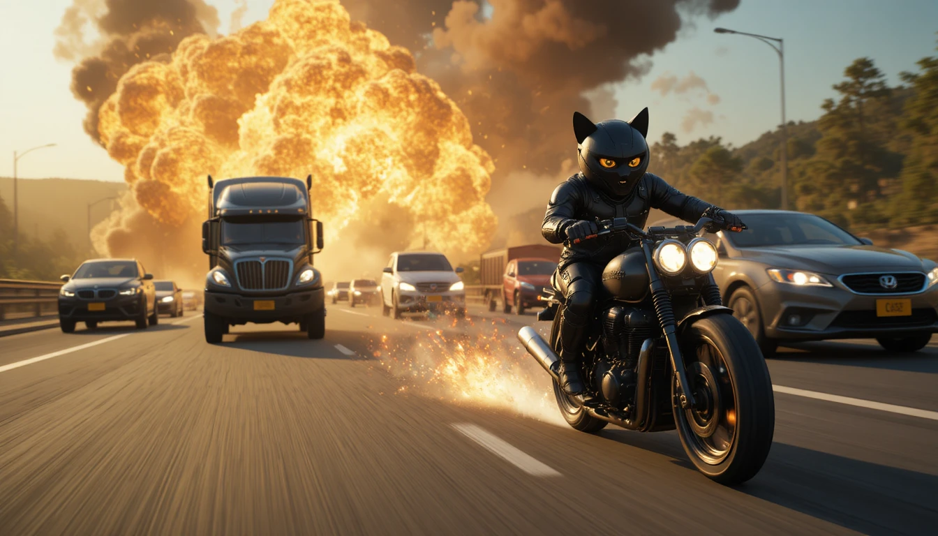 Chat noir futuriste à moto poursuivant des voitures sur l’autoroute