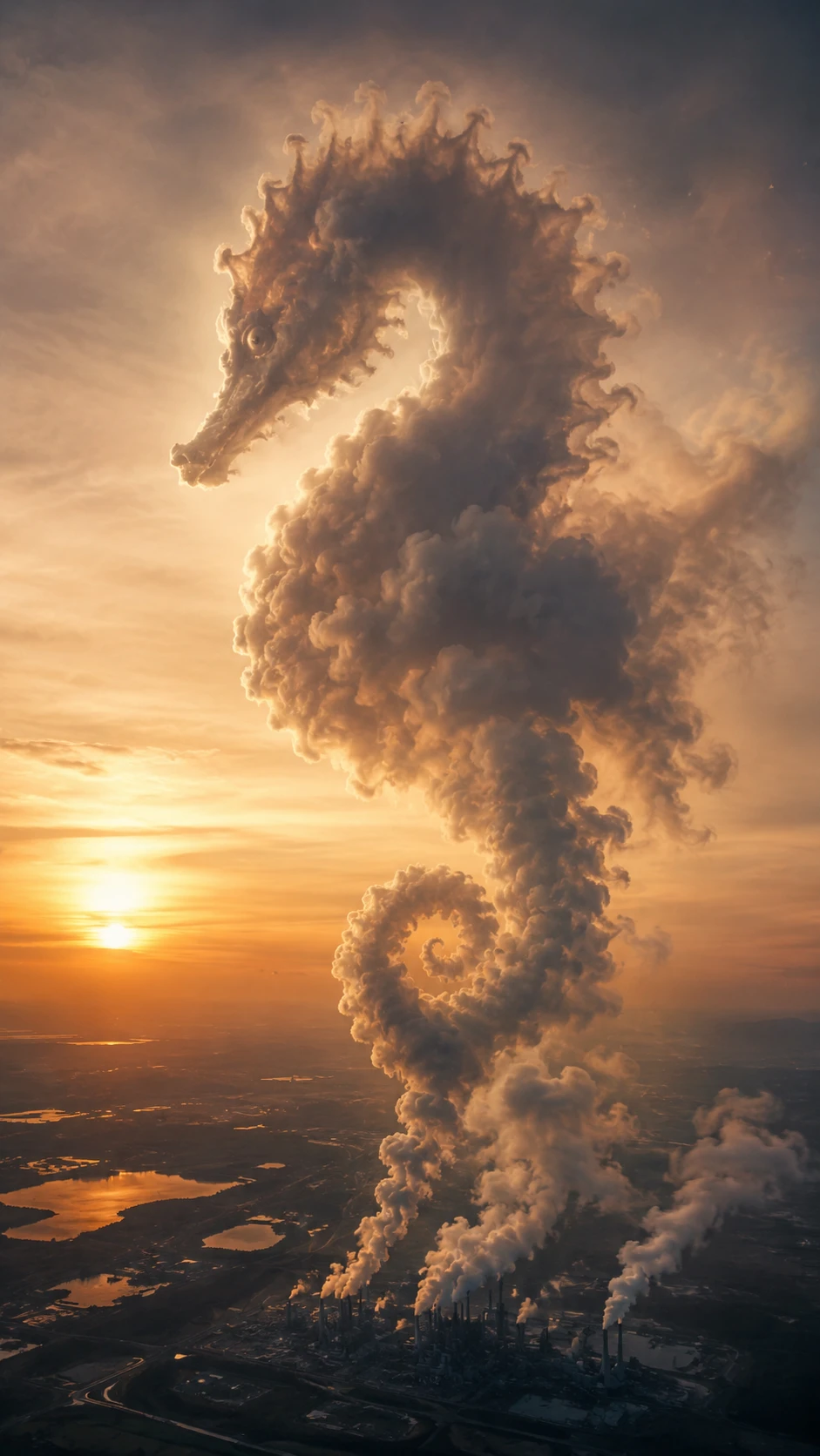 Vue aérienne de fumée à l’aube au-dessus d’une lointaine ligne d’horizon industrielle
