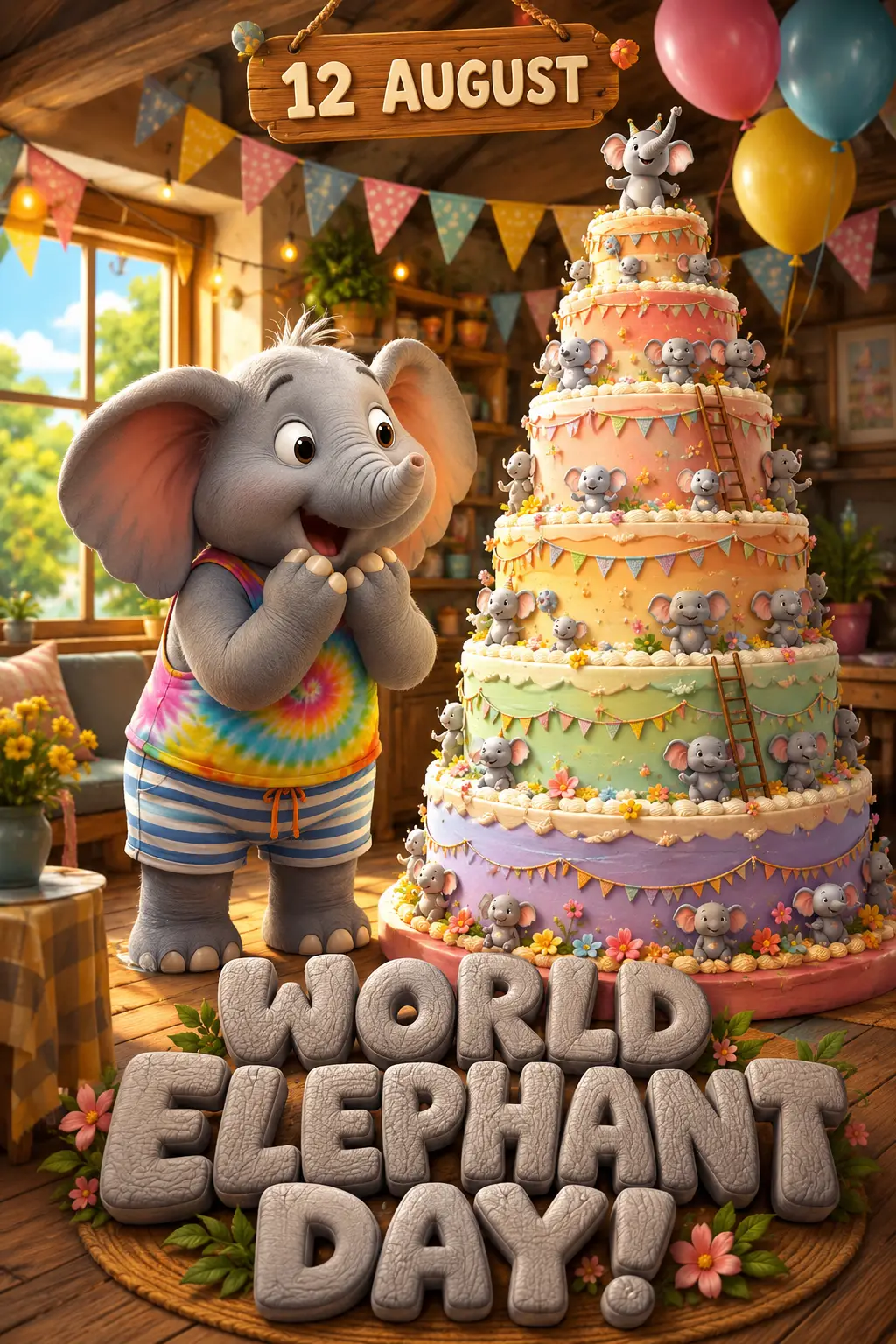 Süßer Cartoon-Elefant feiert den Welt-Elefanten-Tag im Haus