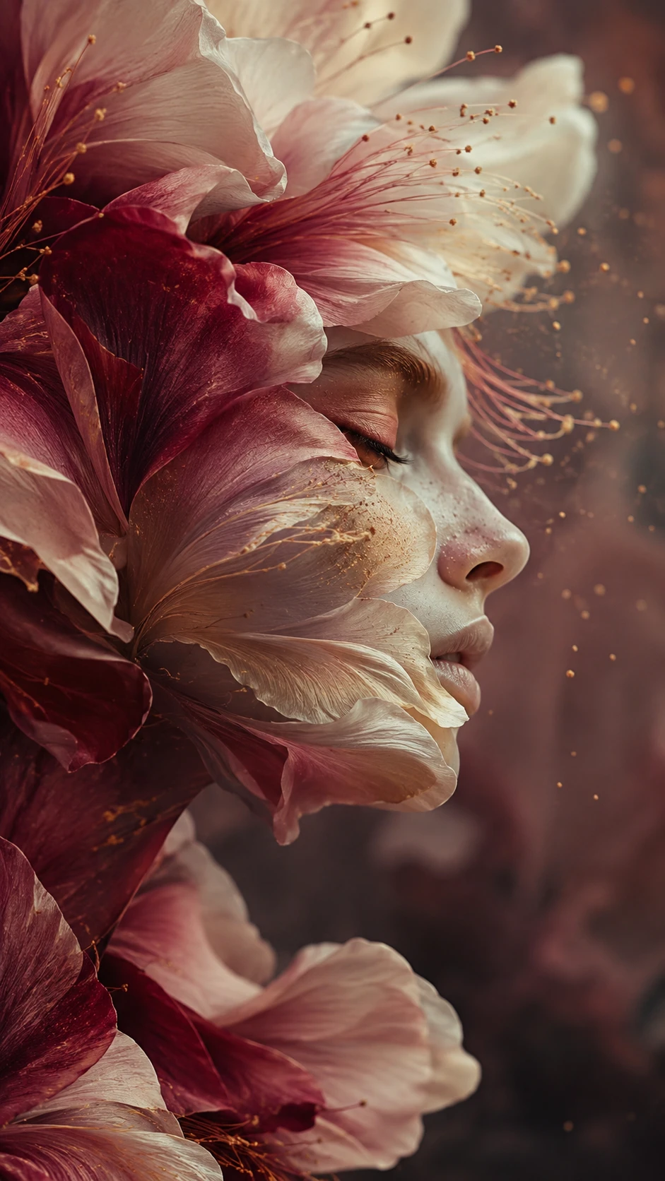 Retrato floral surreal de uma mulher fundida a pétalas em flor