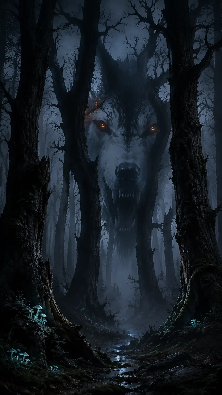Hidden wolf silhouette emerging from dark ancient forest