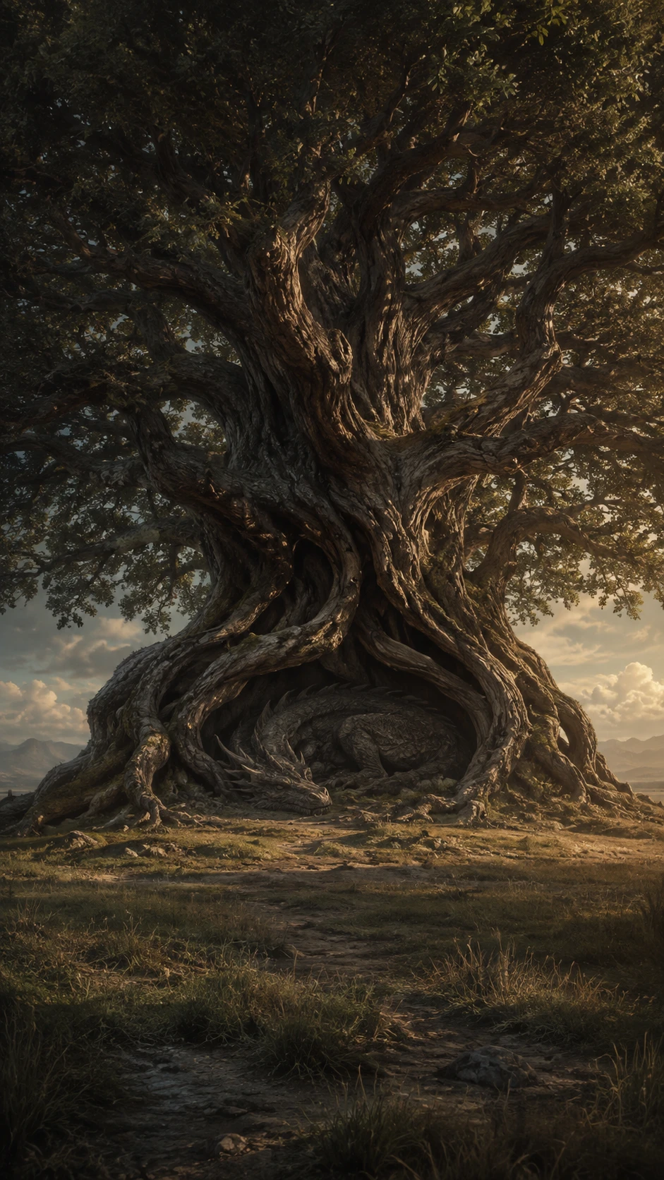 Antiga árvore colossal em uma vasta clareira vazia na floresta